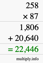 How to calculate 258 times 87 using long multiplication
