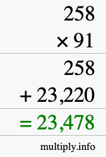 How to calculate 258 times 91 using long multiplication