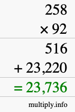 How to calculate 258 times 92 using long multiplication