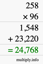 How to calculate 258 times 96 using long multiplication