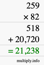 How to calculate 259 times 82 using long multiplication