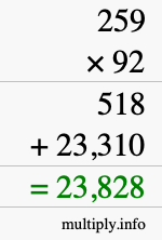 How to calculate 259 times 92 using long multiplication