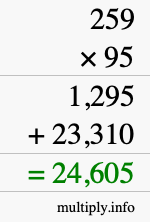 How to calculate 259 times 95 using long multiplication