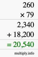 How to calculate 260 times 79 using long multiplication