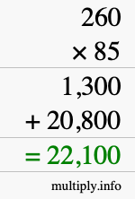 How to calculate 260 times 85 using long multiplication