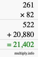 How to calculate 261 times 82 using long multiplication