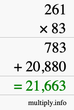 How to calculate 261 times 83 using long multiplication