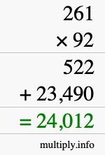 How to calculate 261 times 92 using long multiplication