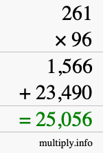 How to calculate 261 times 96 using long multiplication