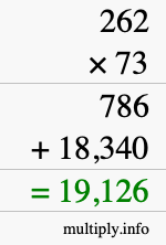 How to calculate 262 times 73 using long multiplication