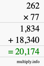 How to calculate 262 times 77 using long multiplication