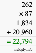 How to calculate 262 times 87 using long multiplication