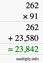 How to calculate 262 times 91 using long multiplication