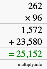 How to calculate 262 times 96 using long multiplication