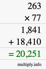 How to calculate 263 times 77 using long multiplication