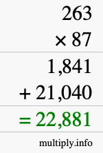 How to calculate 263 times 87 using long multiplication