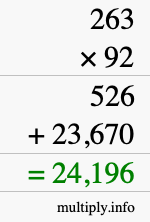 How to calculate 263 times 92 using long multiplication