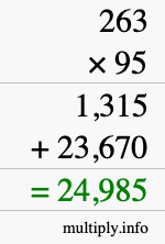 How to calculate 263 times 95 using long multiplication
