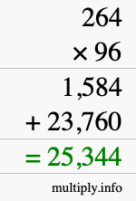 How to calculate 264 times 96 using long multiplication