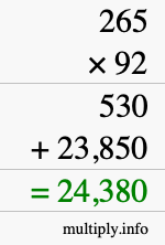 How to calculate 265 times 92 using long multiplication