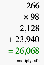 How to calculate 266 times 98 using long multiplication