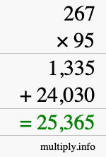 How to calculate 267 times 95 using long multiplication