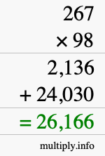 How to calculate 267 times 98 using long multiplication