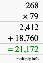 How to calculate 268 times 79 using long multiplication