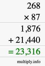 How to calculate 268 times 87 using long multiplication