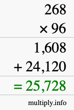 How to calculate 268 times 96 using long multiplication