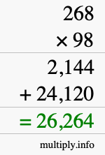 How to calculate 268 times 98 using long multiplication