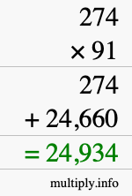 How to calculate 274 times 91 using long multiplication