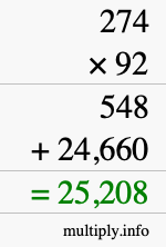 How to calculate 274 times 92 using long multiplication