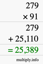 How to calculate 279 times 91 using long multiplication
