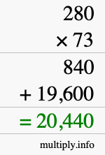 How to calculate 280 times 73 using long multiplication
