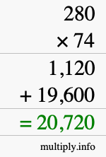 How to calculate 280 times 74 using long multiplication
