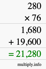 How to calculate 280 times 76 using long multiplication