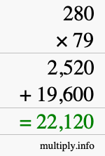 How to calculate 280 times 79 using long multiplication