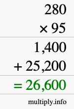 How to calculate 280 times 95 using long multiplication