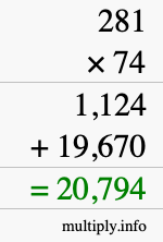 How to calculate 281 times 74 using long multiplication