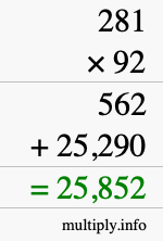 How to calculate 281 times 92 using long multiplication