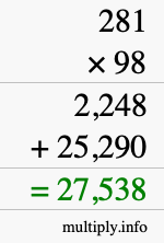 How to calculate 281 times 98 using long multiplication
