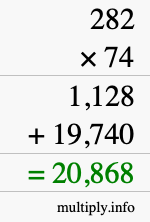 How to calculate 282 times 74 using long multiplication