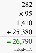 How to calculate 282 times 95 using long multiplication