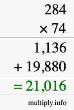 How to calculate 284 times 74 using long multiplication