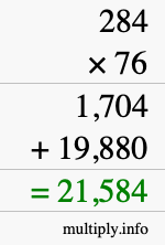 How to calculate 284 times 76 using long multiplication