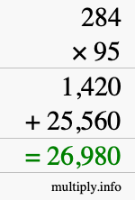 How to calculate 284 times 95 using long multiplication