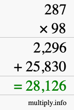 How to calculate 287 times 98 using long multiplication