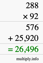 How to calculate 288 times 92 using long multiplication