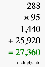 How to calculate 288 times 95 using long multiplication